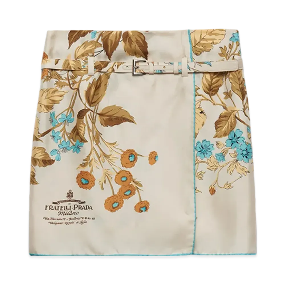 PRADA Women's Printed Silk Twill Miniskirt "Sand Beige"