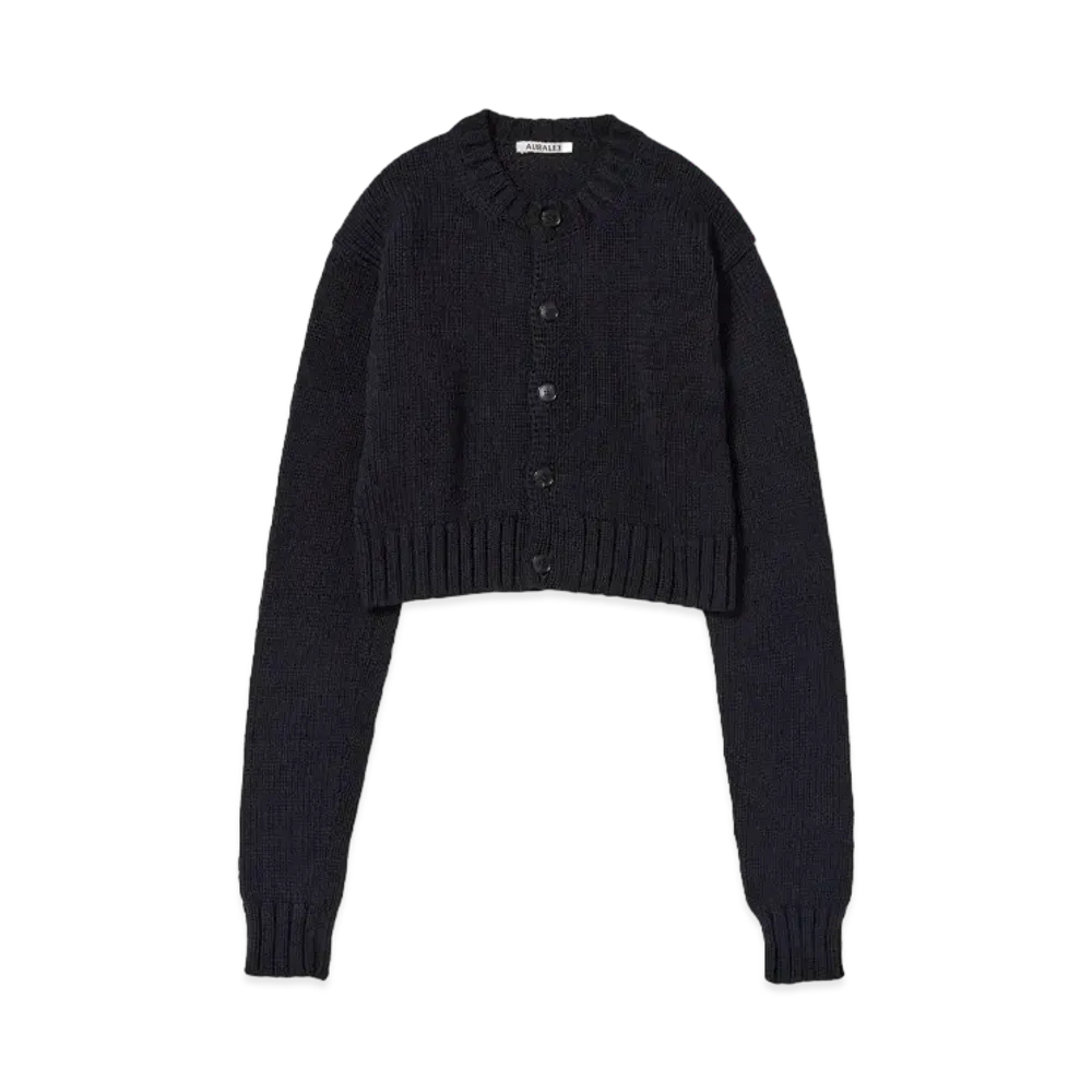 AURALEE Cotton Lily-Yarn Knit Crew Neck Short Cardigan "Dark Navy"