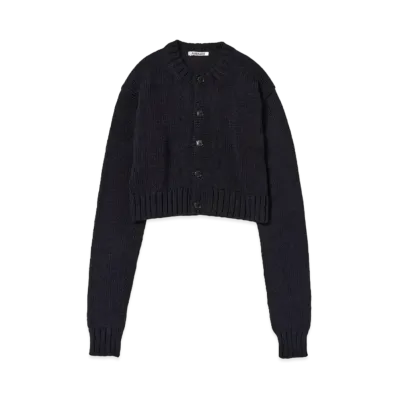 AURALEE Cotton Lily-Yarn Knit Crew Neck Short Cardigan "Dark Navy"