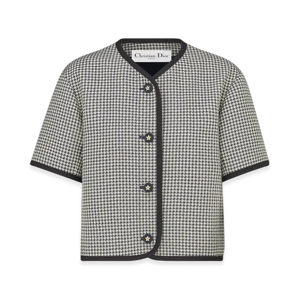 Dior Women's Cotton Blend Jacquard with Microhoundstooth Motif S/S Jacket "Blue/White"