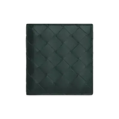 Bottega Veneta Intrecciato Calfskin Bi-fold Compact Wallet "Black/Parakeet"