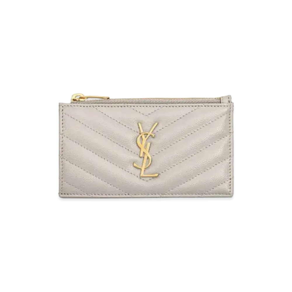 Saint Laurent Monogram Fragments Zippered Card Case In Grain De Poudre Embossed Leather "Vintage White"
