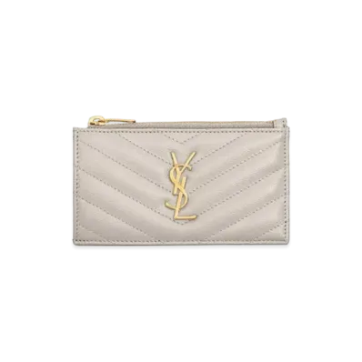 Saint Laurent Monogram Fragments Zippered Card Case In Grain De Poudre Embossed Leather "Vintage White"