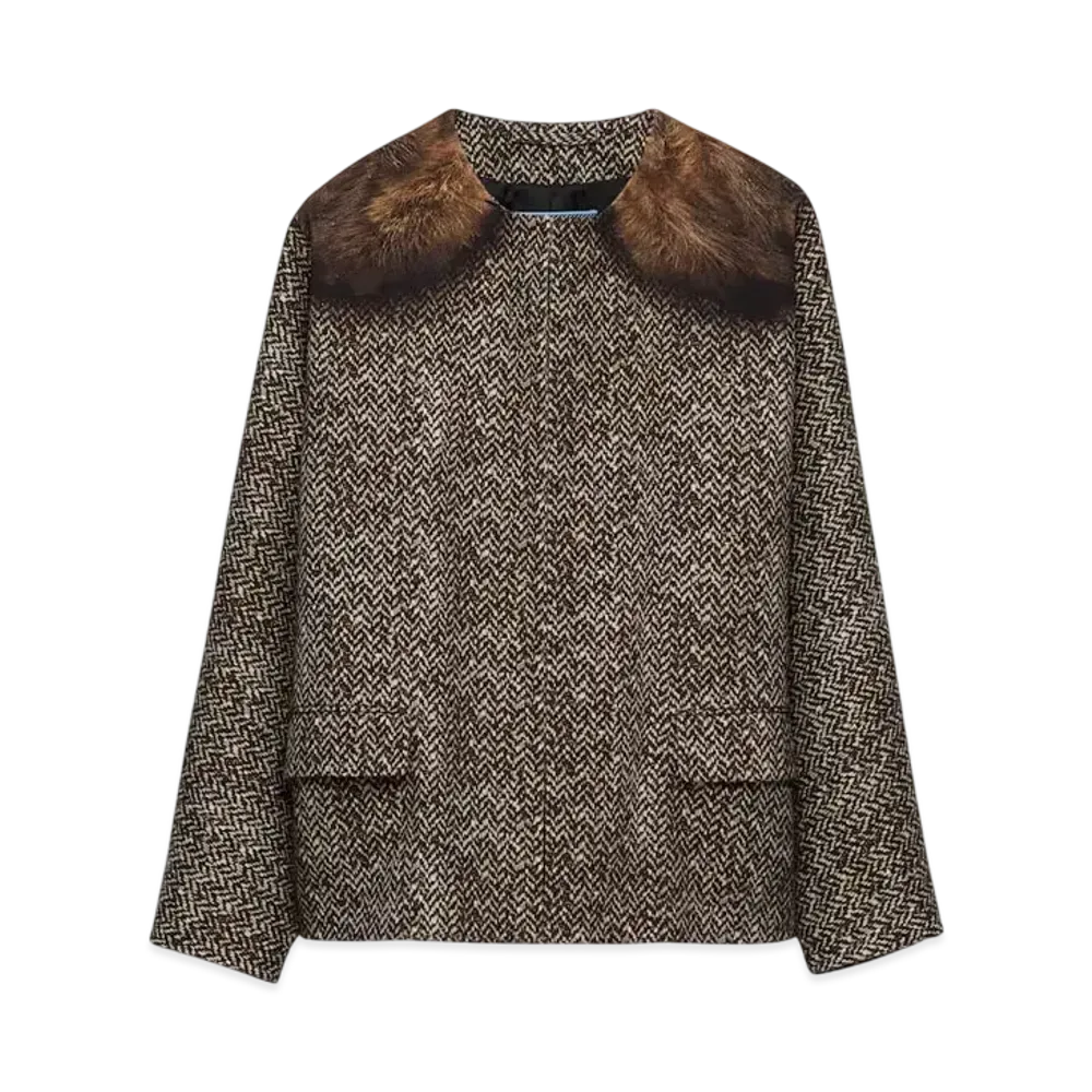 PRADA Women's Single-Breasted Printed Drill Caban Jacket "Dark Brown"