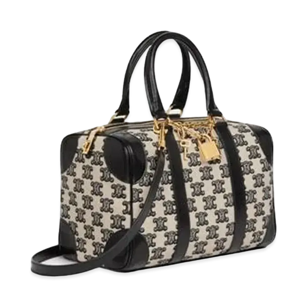 CELINE Small Boston Bag in Textile with Triomphe Embroidery "Black"