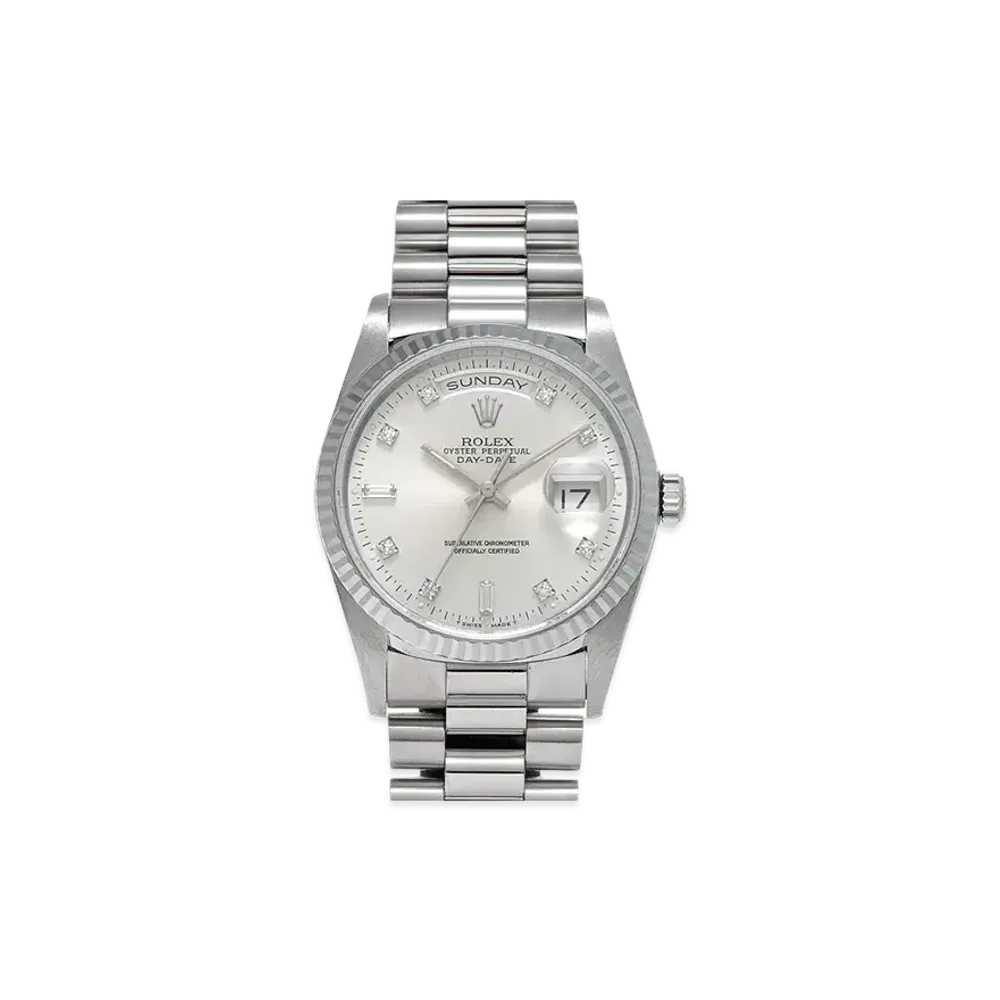 ROLEX Day-Date 8P Round/2P Baguette Diamonds "Silver/White Gold"
