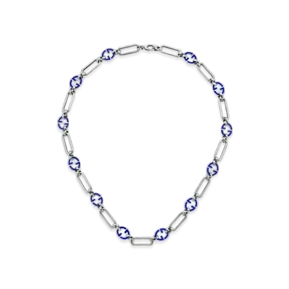 GUCCI Enamel Interlocking Double G Necklace "Silver"