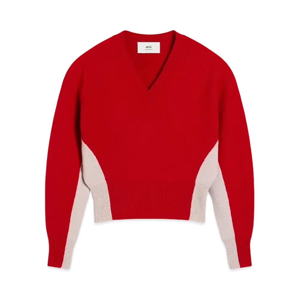 AMI PARIS Wool Knit Bicolor V-Neck Sweater "Coquelicot/Mastic"
