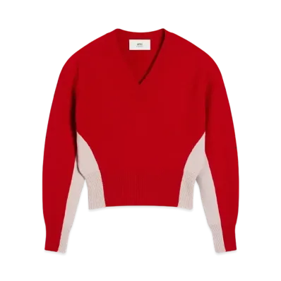 AMI PARIS Wool Knit Bicolor V-Neck Sweater "Coquelicot/Mastic"