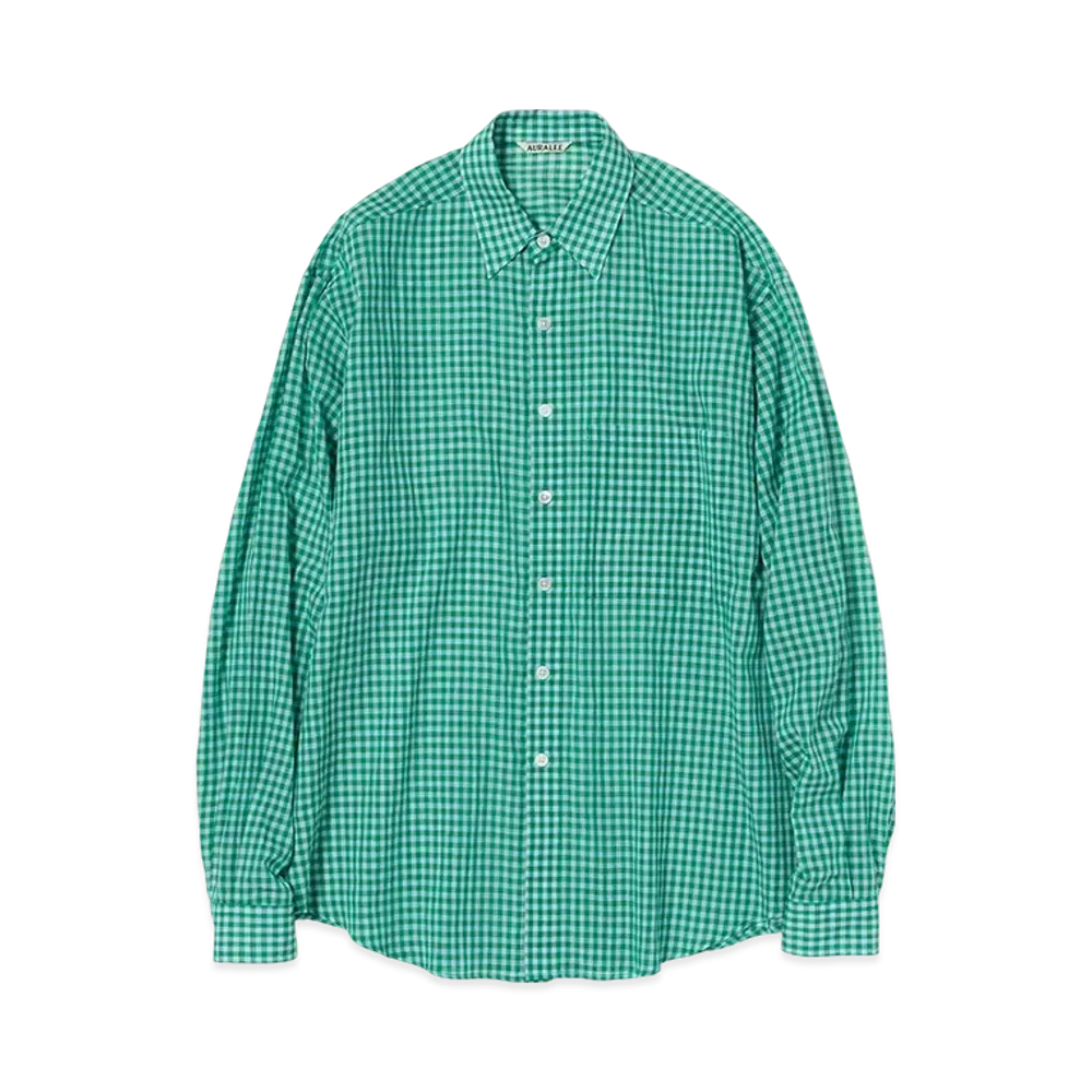 AURALEE Airy Light Cotton Check Big Shirt "Green Gingham Check"