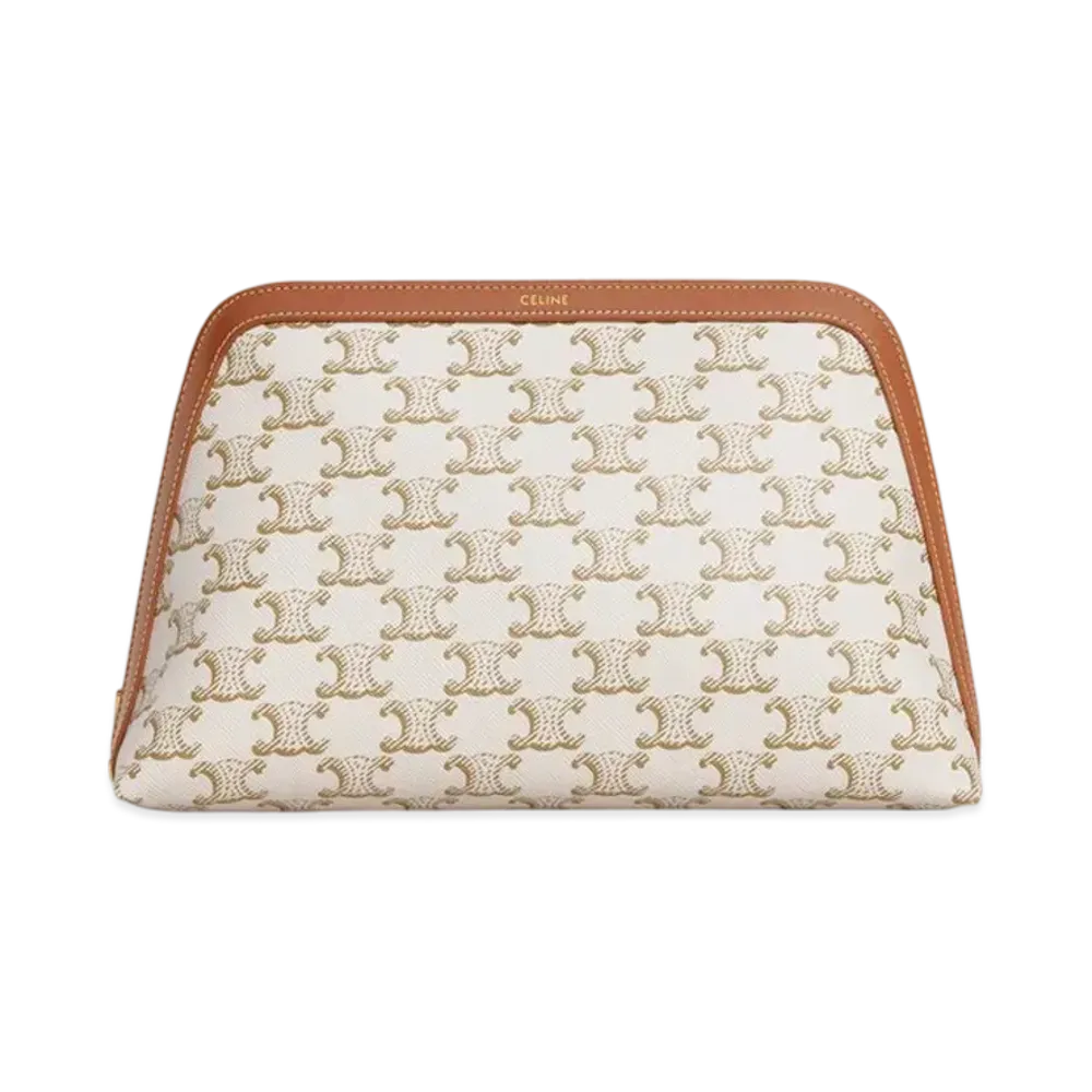 CELINE Large Cosmetic Pouch in Triomphe Canvas and Calfskin "White"