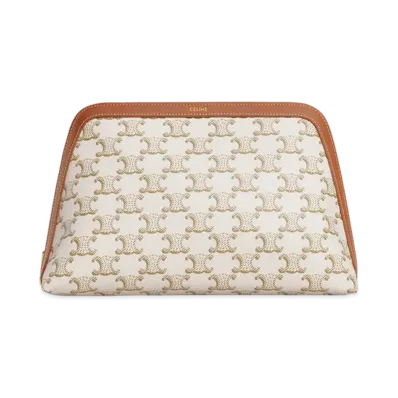 CELINE Large Cosmetic Pouch in Triomphe Canvas and Calfskin "White"