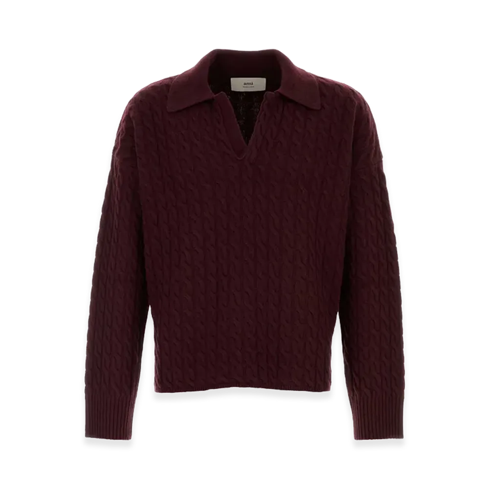 AMI PARIS Cable-Knit Polo Shirt "Bordeaux"