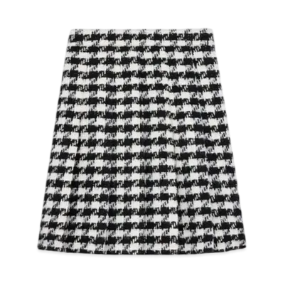CELINE Women's Pleated Skirt in Houndstooth Wool Natte "White/Ivory/Black"