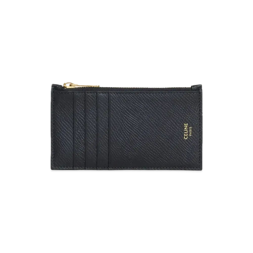 CELINE Zipped Compact Card Holder In Grained Calfskin "Black"