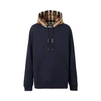Burberry Men's Check Hood Cotton Hoodie "Blue"