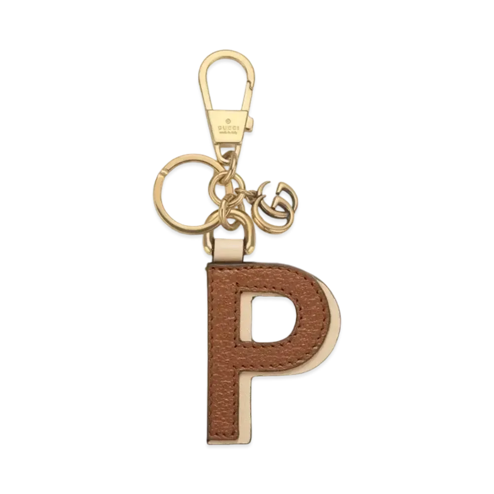 GUCCI Letter P Keychain Quill Leather "Beige"