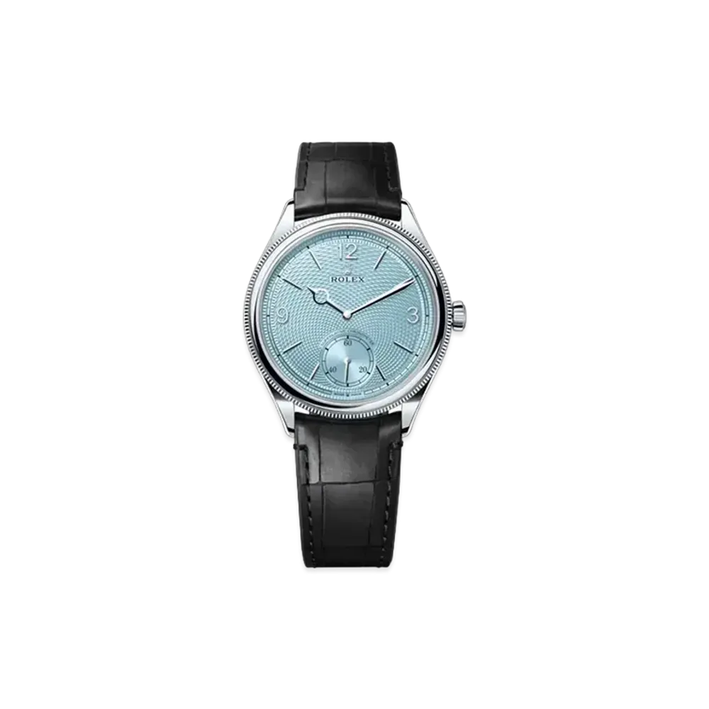 ROLEX 1908 39mm Polished Finish Perpetual Alligator Leather Strap "Platinum/Ice Blue/Matte Black" 52506
