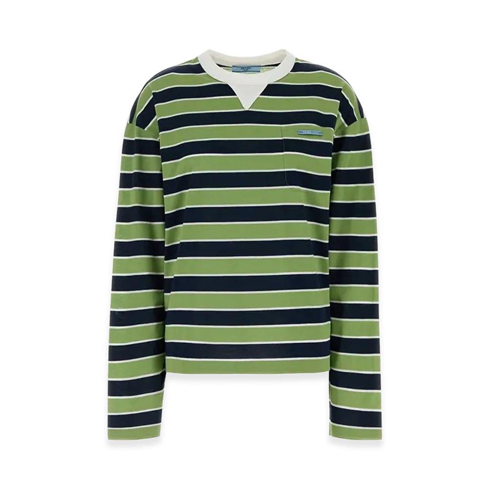PRADA Women's Embroidered Cotton Oversize Long Sleeve T-Shirt "Green/Navy"