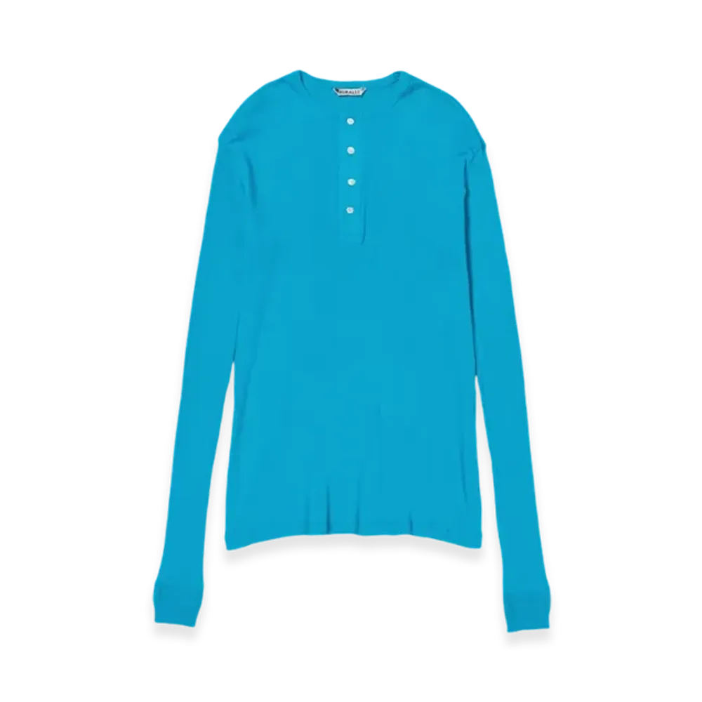 AURALEE Organic Soft Rib Henley Neck L/S T-Shirt "Turquoise Blue"