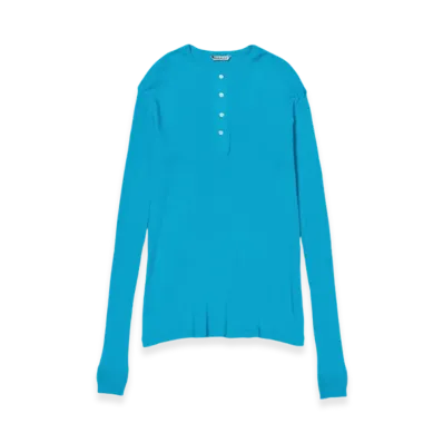 AURALEE Organic Soft Rib Henley Neck L/S T-Shirt "Turquoise Blue"
