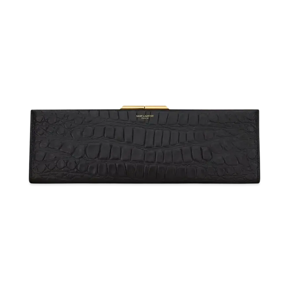 Saint Laurent Midnight Large Clutch In Crocodile-Embossed Lacquered Leather "Black"