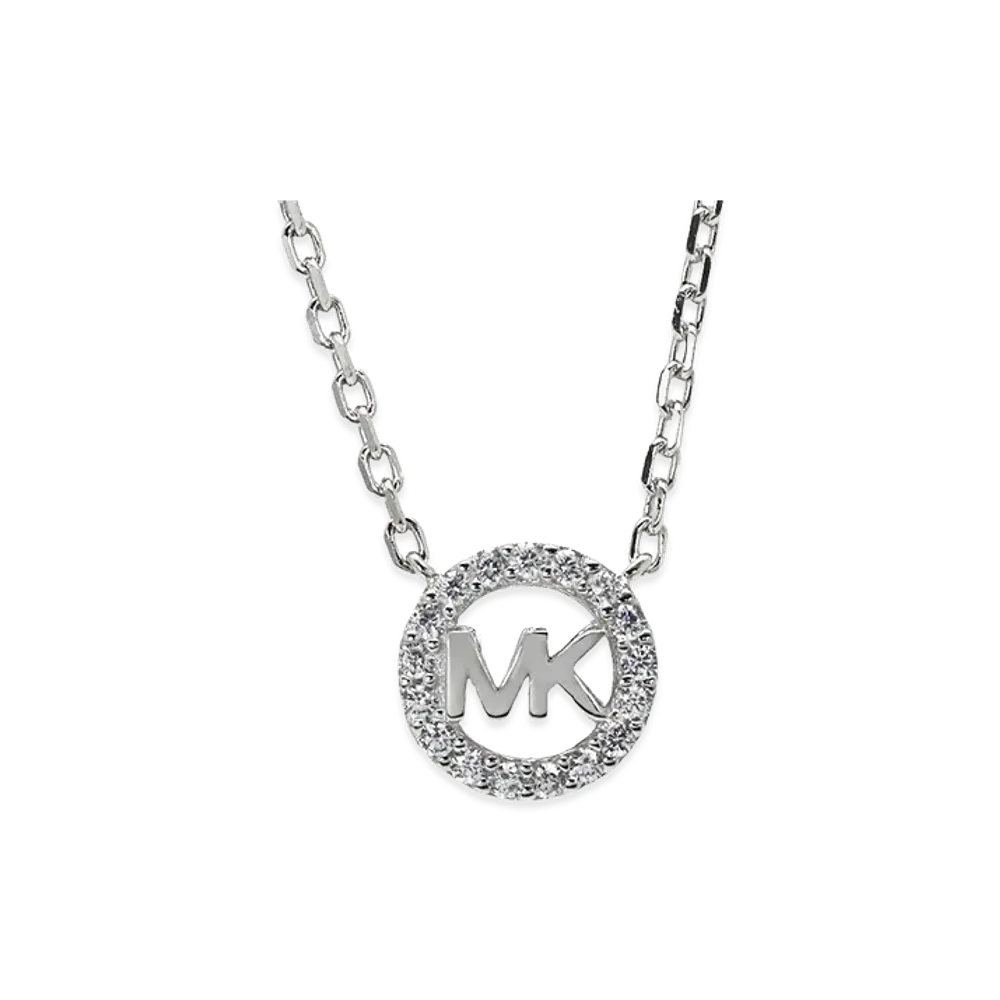 MICHAEL KORS Women's Fulton Precious Metal Sterling Silver Pave Logo Charm Necklace "Silver"