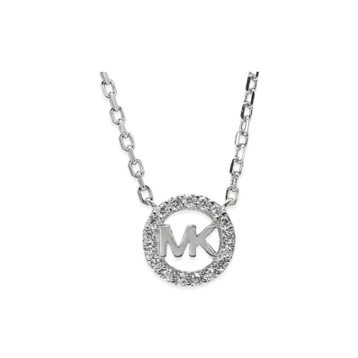 MICHAEL KORS Women's Fulton Precious Metal Sterling Silver Pave Logo Charm Necklace "Silver"