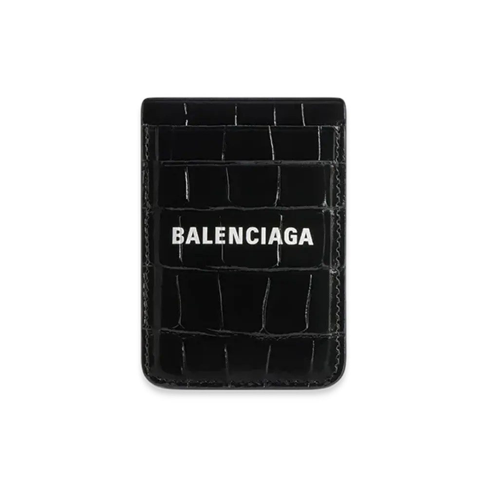 BALENCIAGA Cash Magnetic Card Holder Crocodile Embossed "Black"