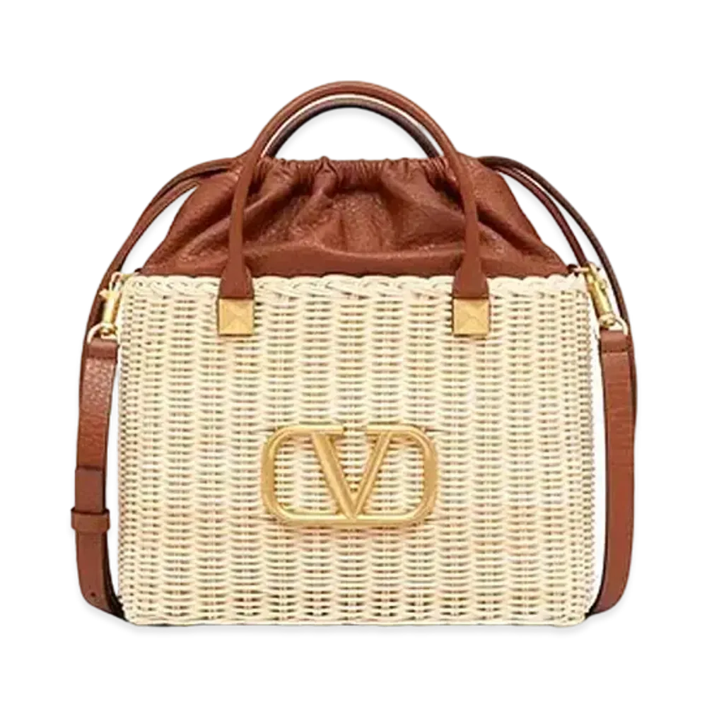 Valentino V Logo Signature Wicker Bucket Bag "Raspberry Pink"