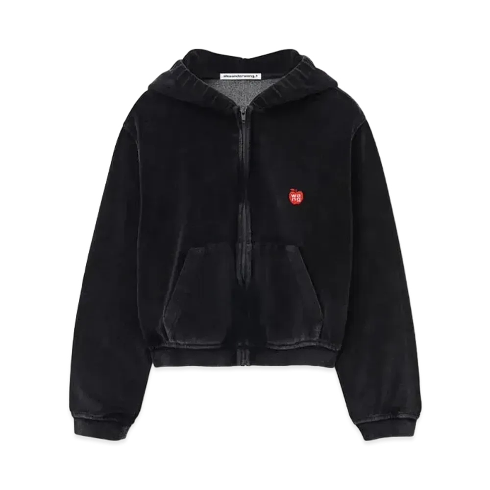 Alexander Wang Apple Logo Velor Shrunken Zip-Up Hoodie "Black"