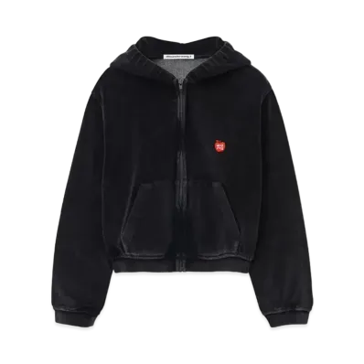 Alexander Wang Apple Logo Velor Shrunken Zip-Up Hoodie "Black"