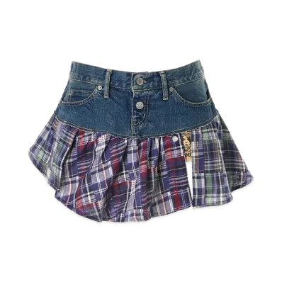 HYSTERIC GLAMOUR Women's Gauze Check Remake Denim Mini Skirt "Light Indigo Blue"