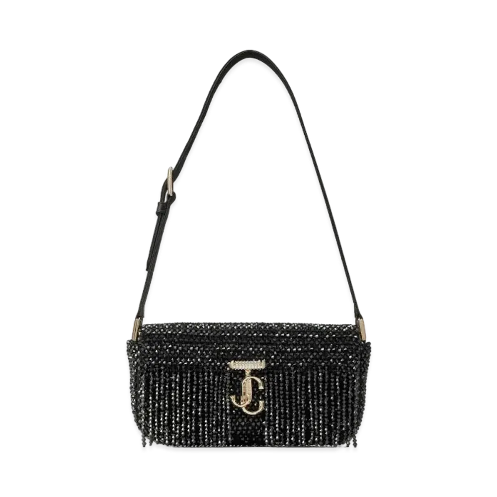 Jimmy Choo Avenue Mini Shoulder Satin Mini Shoulder Bag With Crystal Fringe "Black"