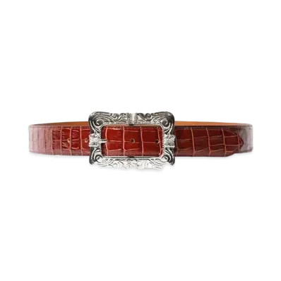 Needles Papillon Square Buckle Belt Crocodile Embossed Leather "Brown"