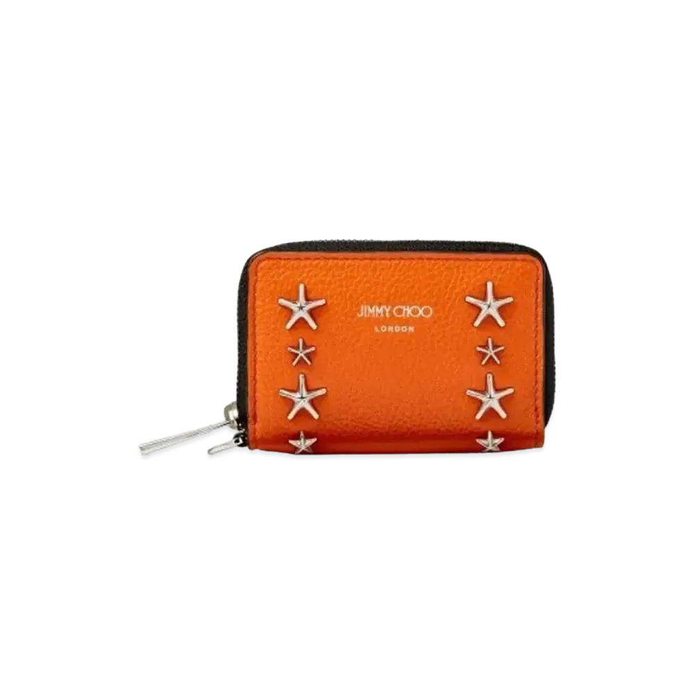 JIMMY CHOO DANNY Soft Grainy Calf Leather Coin Case With Star Studs "Amber Orange"