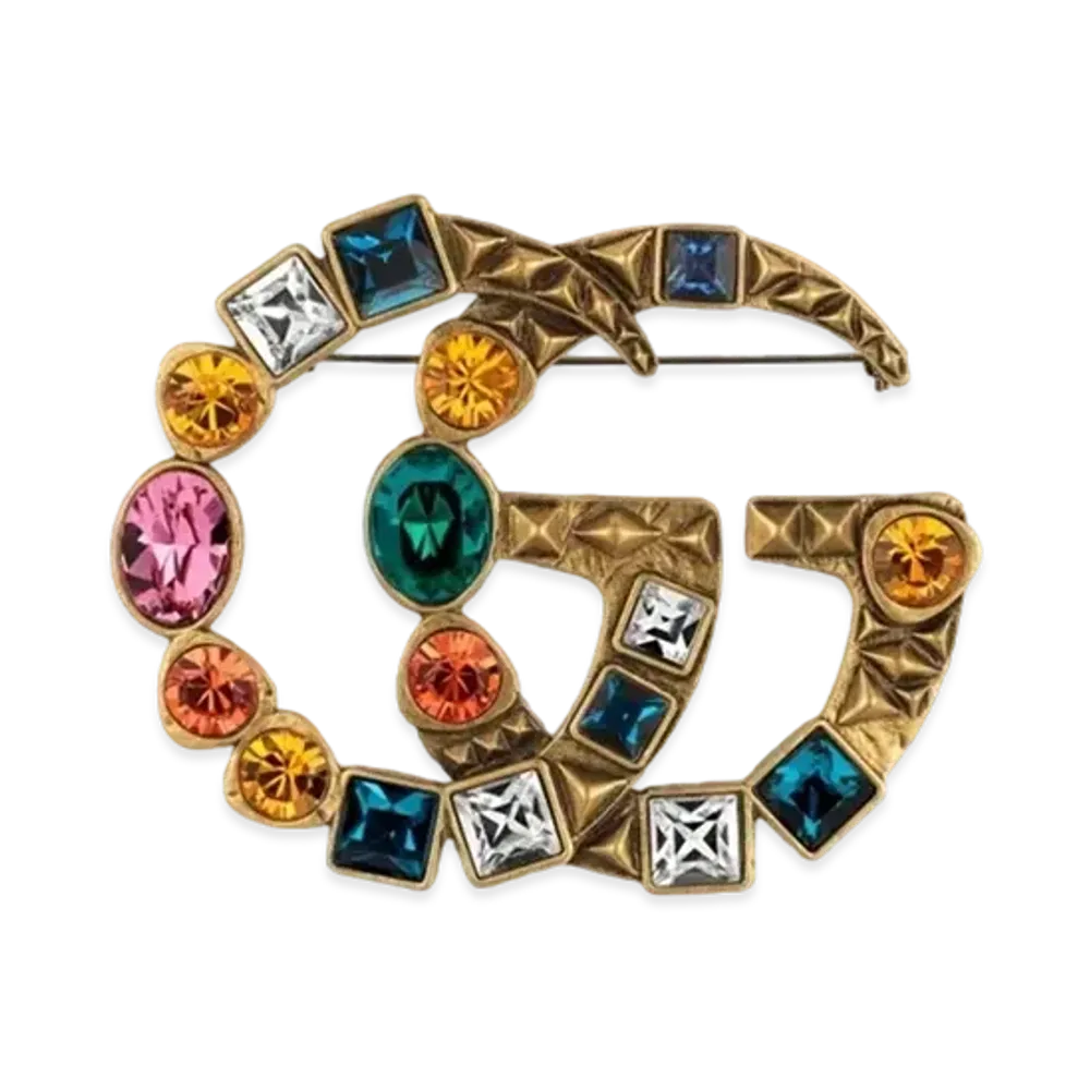 GUCCI Crystal Double G Brooch "Gold"
