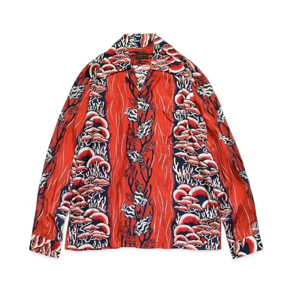 KAPITAL Silk Rayon Souffle & Arrowhead Langle Color Open Collar Shirt "Red"