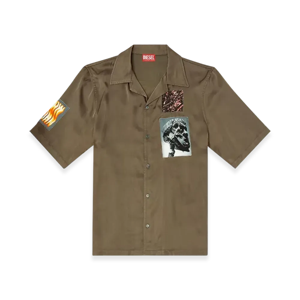 Diesel S-Daxhe Short-Sleeve Satin Shirt With Patches "Military Green"