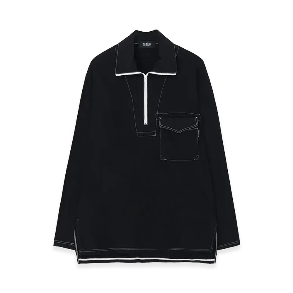 WILDSIDE YOHJI YAMAMOTO Cotton Jersey Half Zip Long Sleeve T-shirt (Garment Dye) "Black"