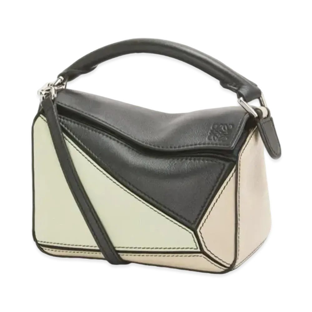 LOEWE Mini Puzzle Bag In Classic Calfskin "Black/Pastel Green"