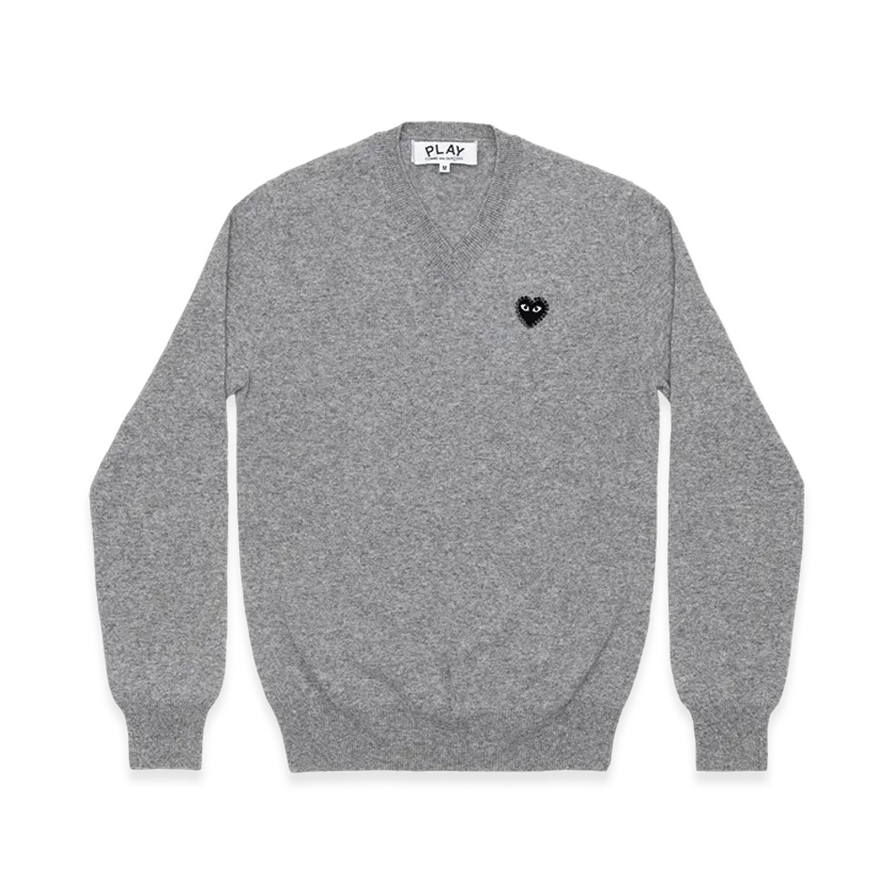 PLAY COMME des GARCONS Unisex V-Neck Sweater with Emblem x Rhinestone "Top Light Gray"