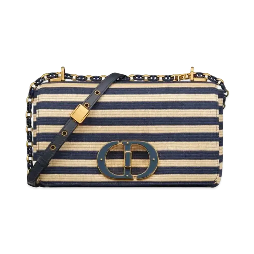 Dior Medium Caro Bag Mariniere Raffia "Natural/Denim Blue"