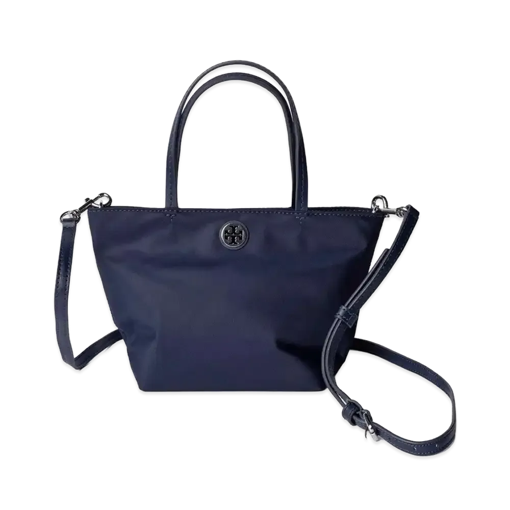 TORY BURCH Women's Symbol Logo Metal 2-Way Nylon Mini Tote "Tory Navy"