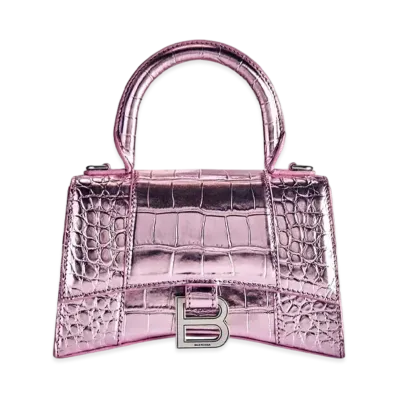 BALENCIAGA Hourglass XS Handbag In Metallized Crocodile Embossed Calfskin "Pink"