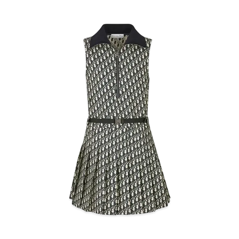 Dior Pleated Short Dress Technical Taffeta Jacquard with Dior Oblique Motif "Blue/Ecru"