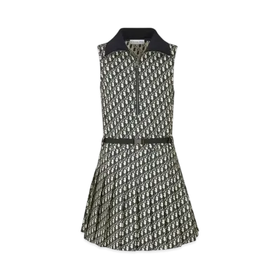 Dior Pleated Short Dress Technical Taffeta Jacquard with Dior Oblique Motif "Blue/Ecru"