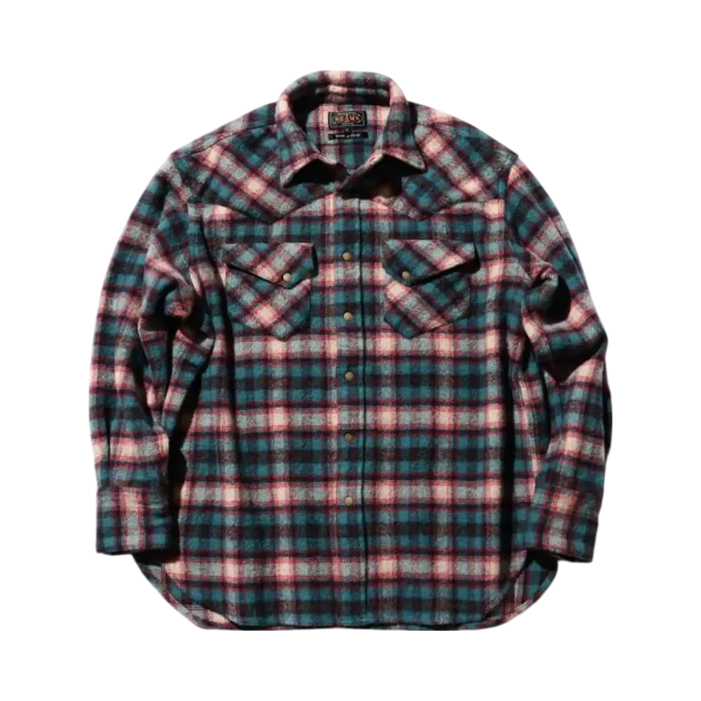 BEAMS Western Shirt Wool/Alpaca Plaid Shaggy "Teal"