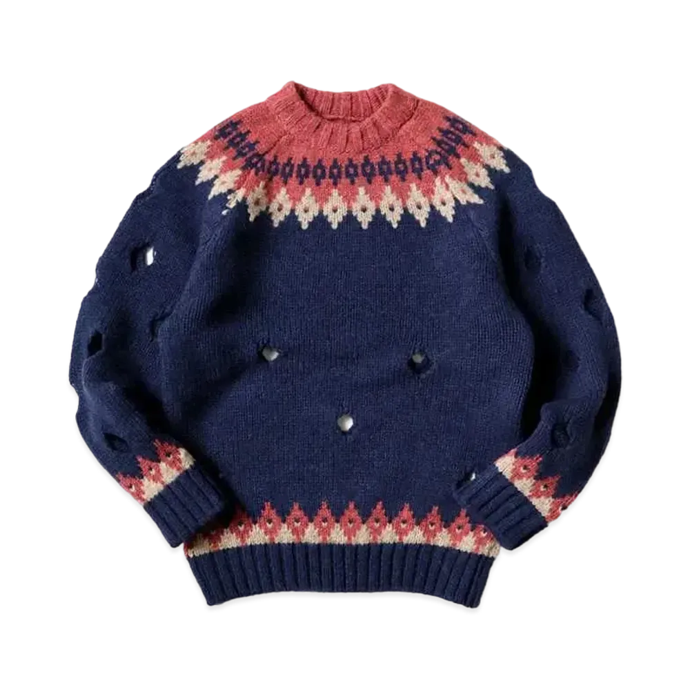 KAPITAL 3G WOOL NORDIC柄 CUT OUT RAGLAN CREW SWEATER "Navy"