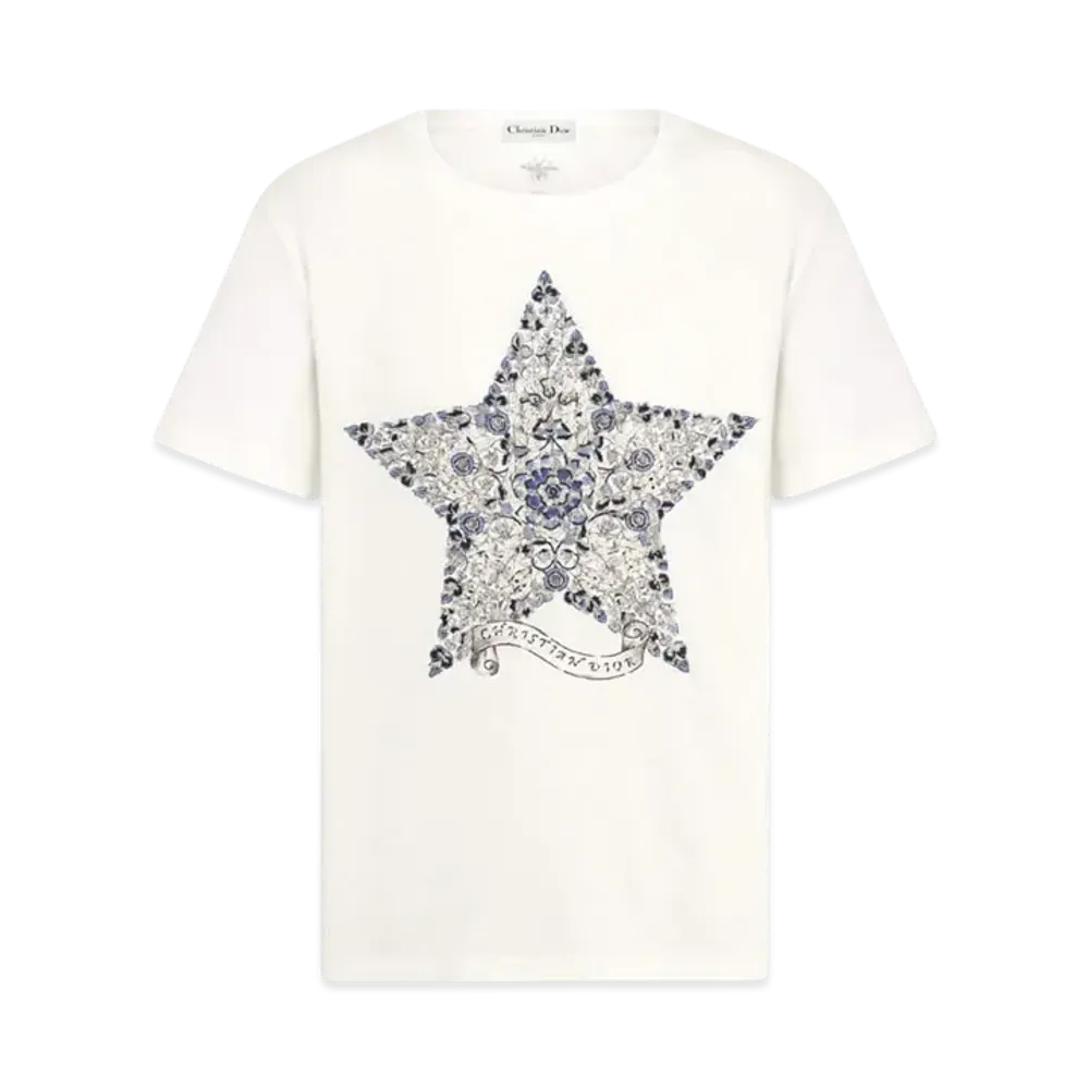 Dior Embroidered T-Shirt Cotton and Linen Jersey with Dior Around the World Motif "White/Black"